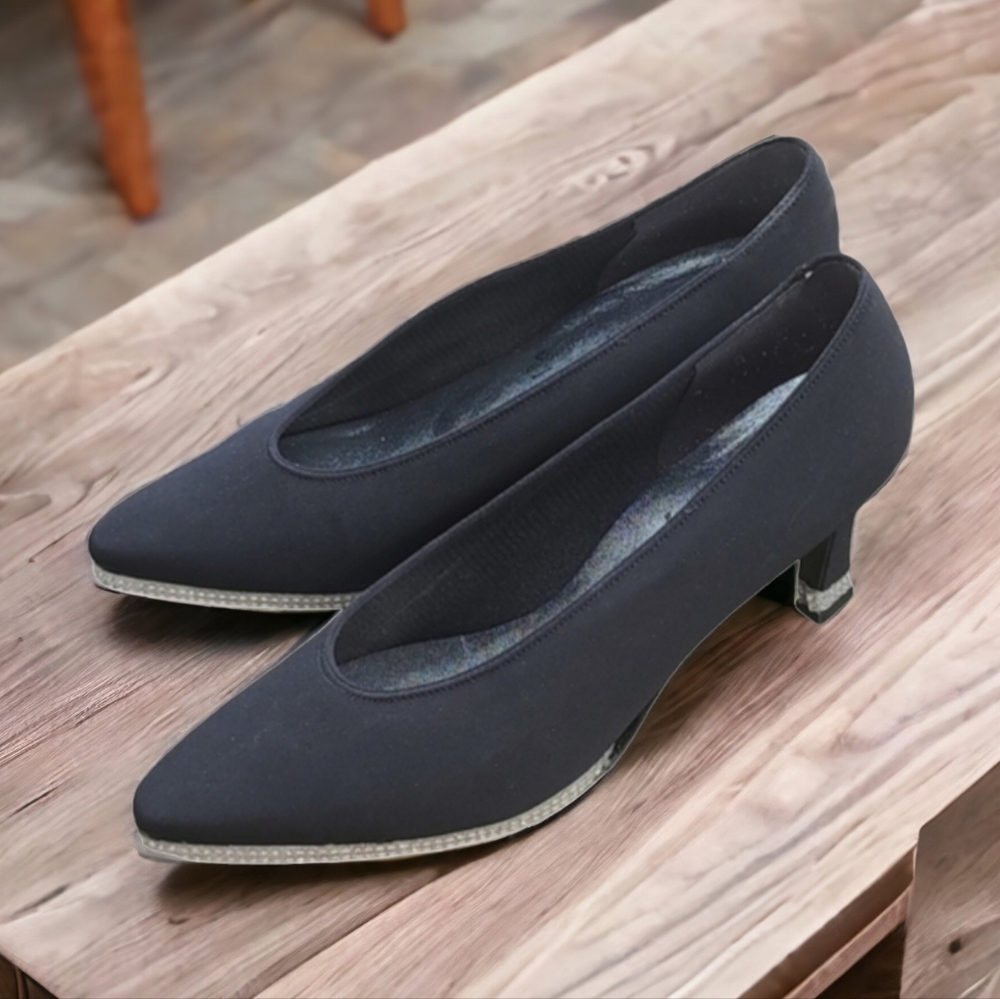 VINTAGE SAUGUS Black Neoprene Rhinestone Wrapped Heels 9 Wedding Pumps Shoes - Picture 15 of 15